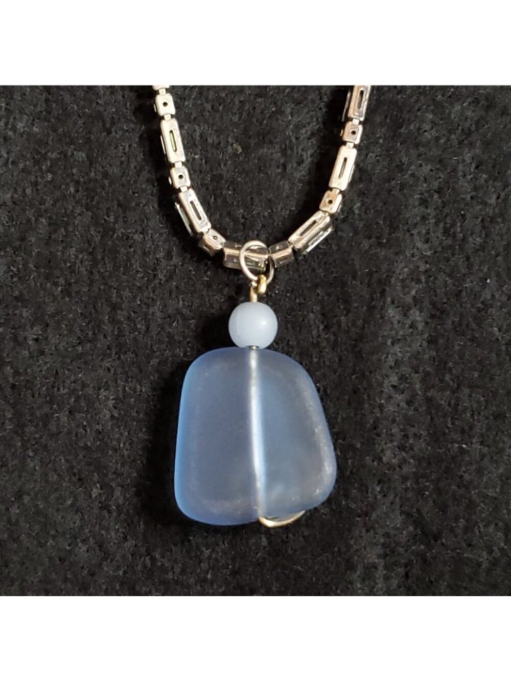 Sea Glass Necklace Blue Silver Tone Aura Borealis Rhinestone 15" - Picture 5 of 8